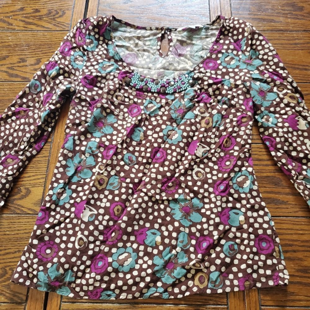 Boden brown,green&purple floral &polkadot top